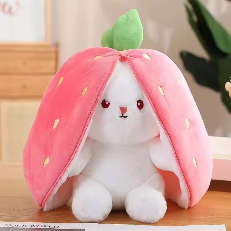 Cute Strawberry Carrot Rabbit Plush Toy – Creative Fruit-Transforming Bunny Doll for Kids