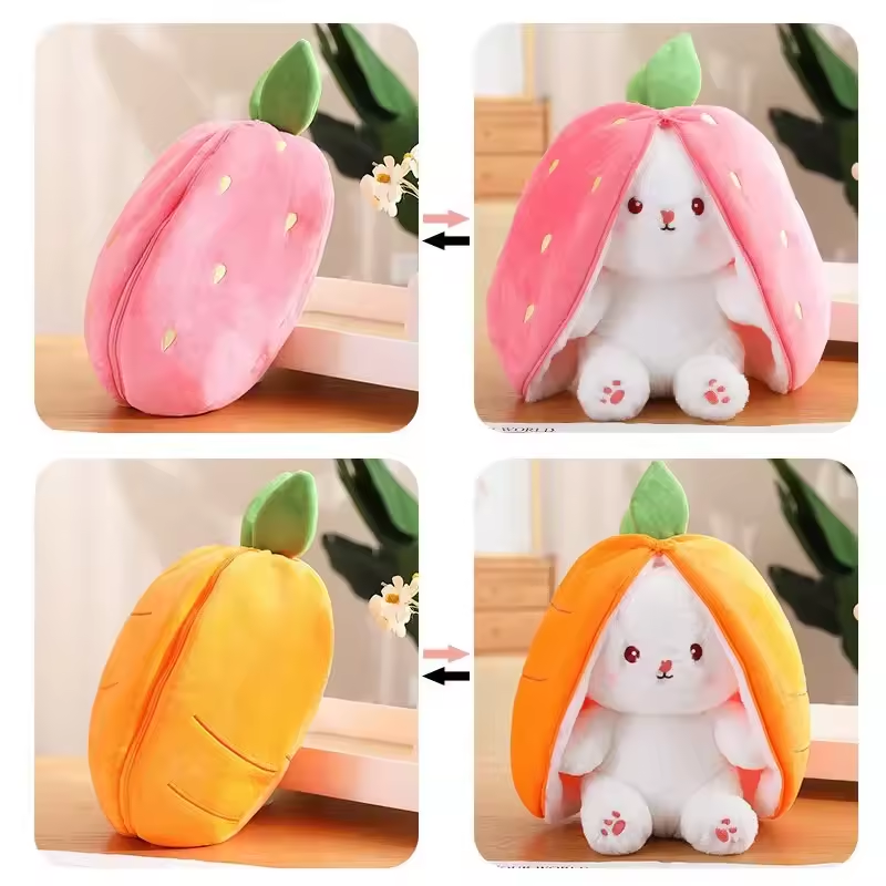 Cute Strawberry Carrot Rabbit Plush Toy – Creative Fruit-Transforming Bunny Doll for Kids